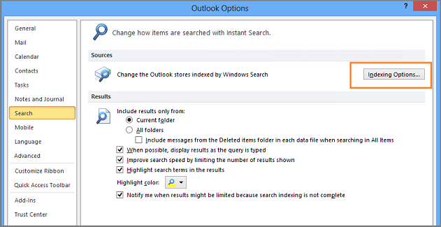 outlook 2016 indexing not running